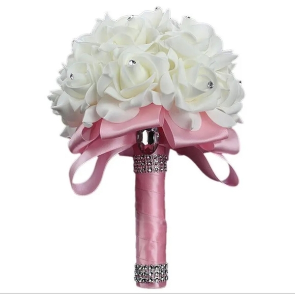 🆕 Bride Bridesmaid Faux Flower Bouquet Pink Silver White NWT - Picture 2 of 8